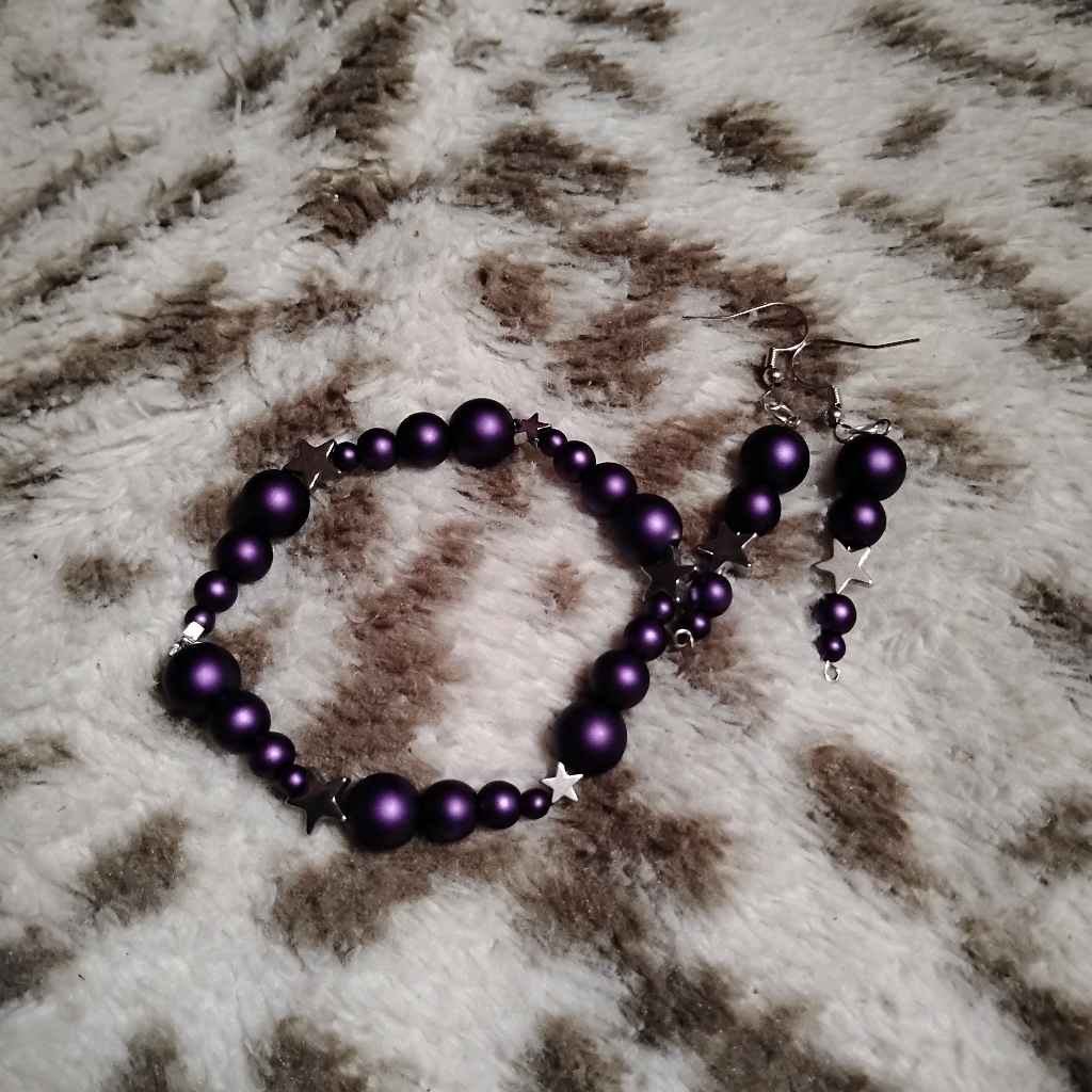 Handmade Beautiful Two Piece Dark Purple Earring And Bracelet Set W Silver Stars